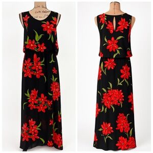 Maxi Dress Black Red Floral Sleeveless Keyhole Back Made in Italy Chiffon Size S